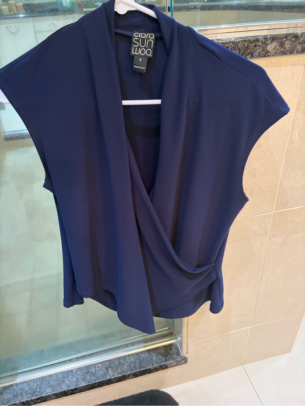 CLARA SUNWOO Navy Draped Surplice Cap-Sleeve Blouse